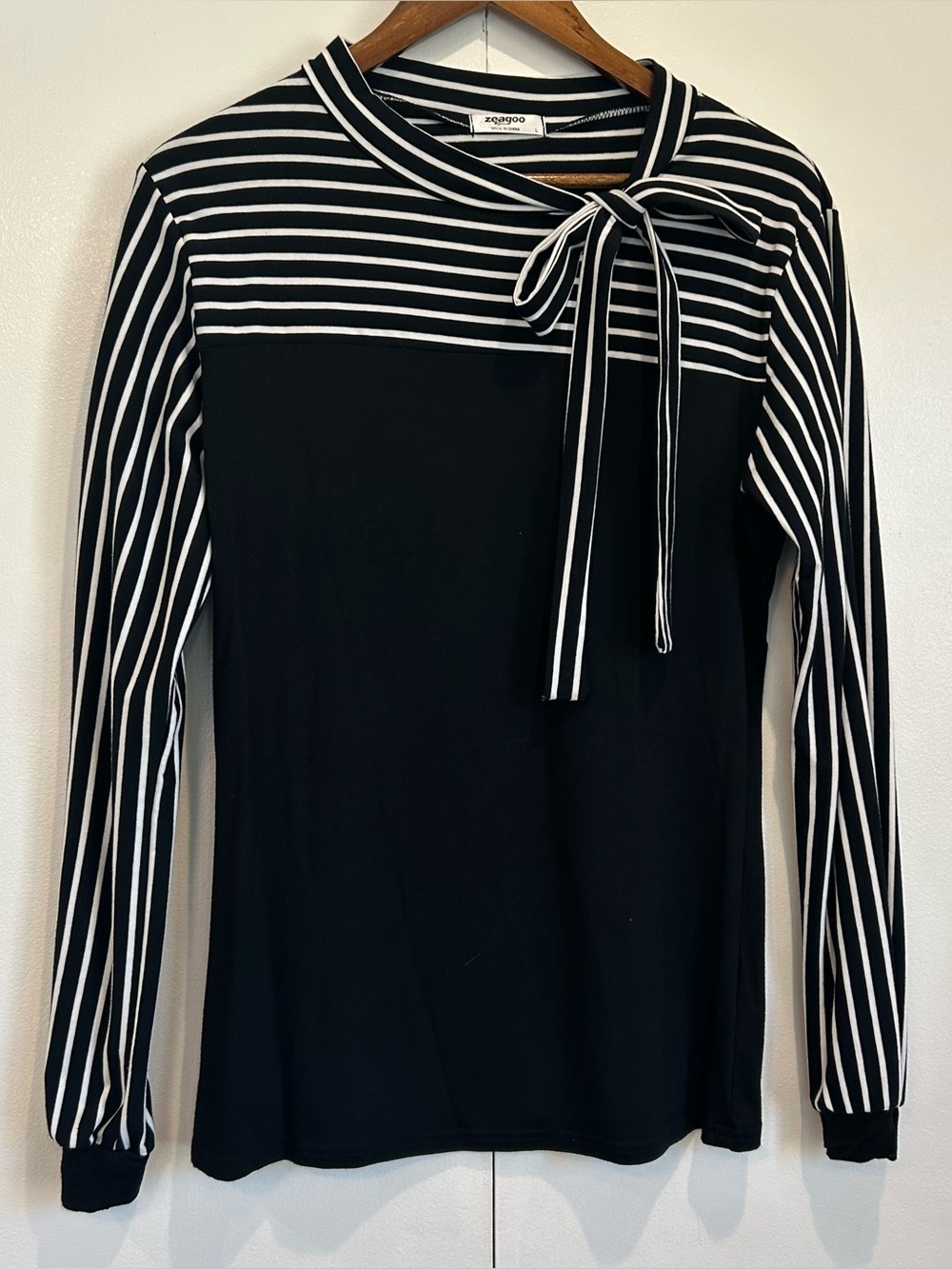 Black & White Striped Tie-Neck Long Sleeve Top
